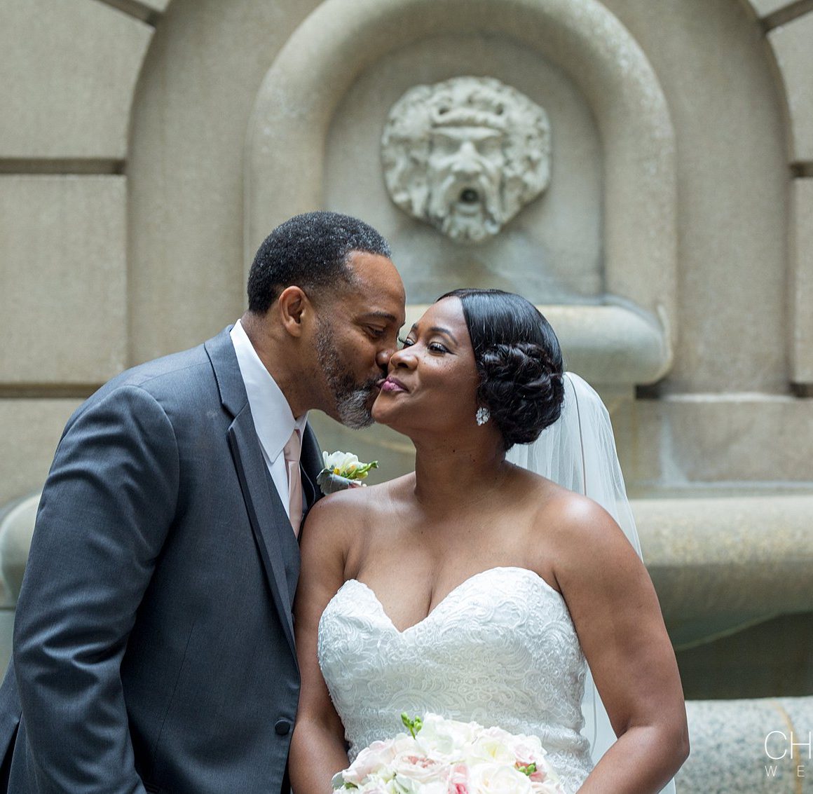 bride and groom portraits in the courtyard at their spring Westin Georgetown Wedding