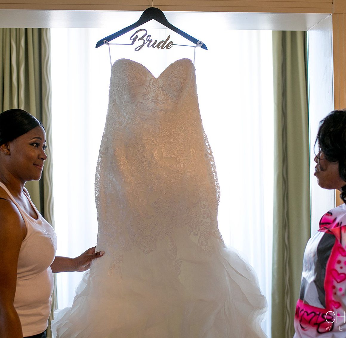 wedding dress hanging up in the presidential suite at the Westin Georgetown Wedding
